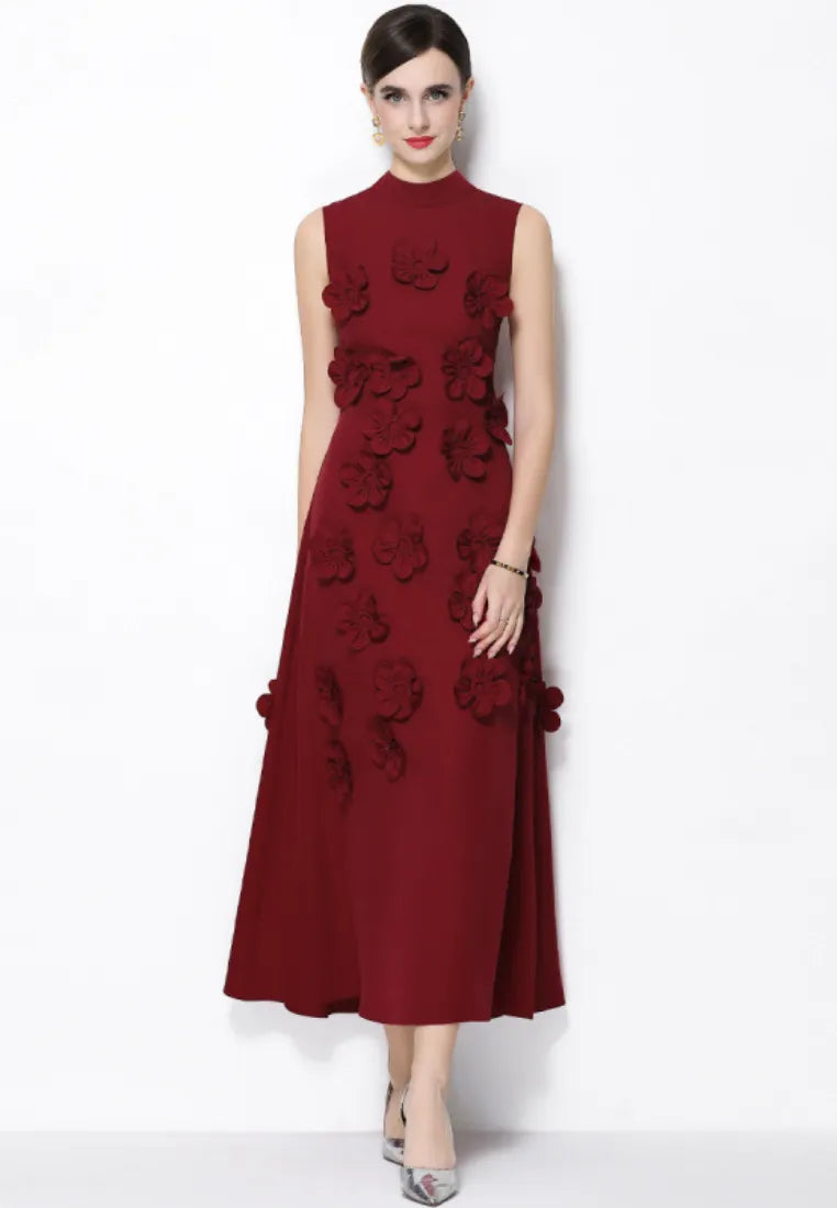 Vestido Maxi Gala Sem Mangas Gola Alta Flores 3D Patchwork Casamento