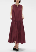 Vestido maxi lino sin mangas con escote llave y volantes k26051104