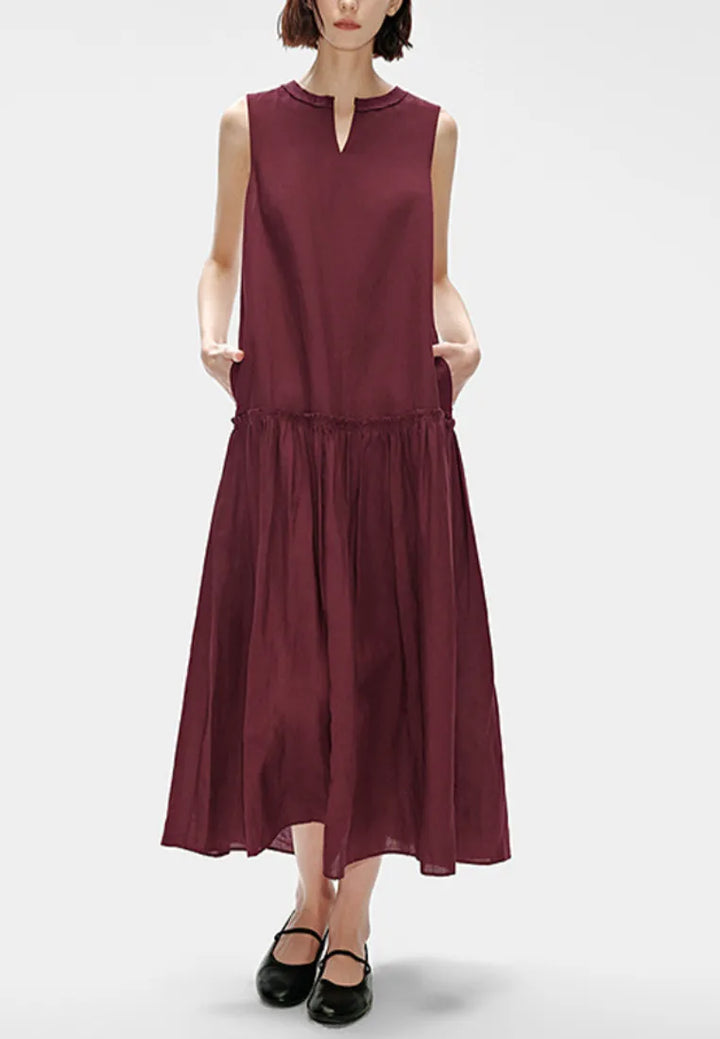 Vestido Maxi de Linho Sem Mangas Com Decote em Gota e Folhos
