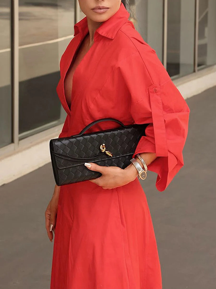 VESTIDO MAXI CAMISEIRO PLISSADO DE ALGODÃO COM CINTURA ALTA E DECOTE EM V