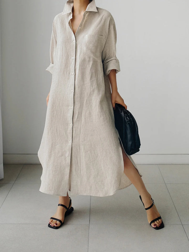 Vestido Maxi Camisero Con Solapa, Botones Y Bolsillos Laterales