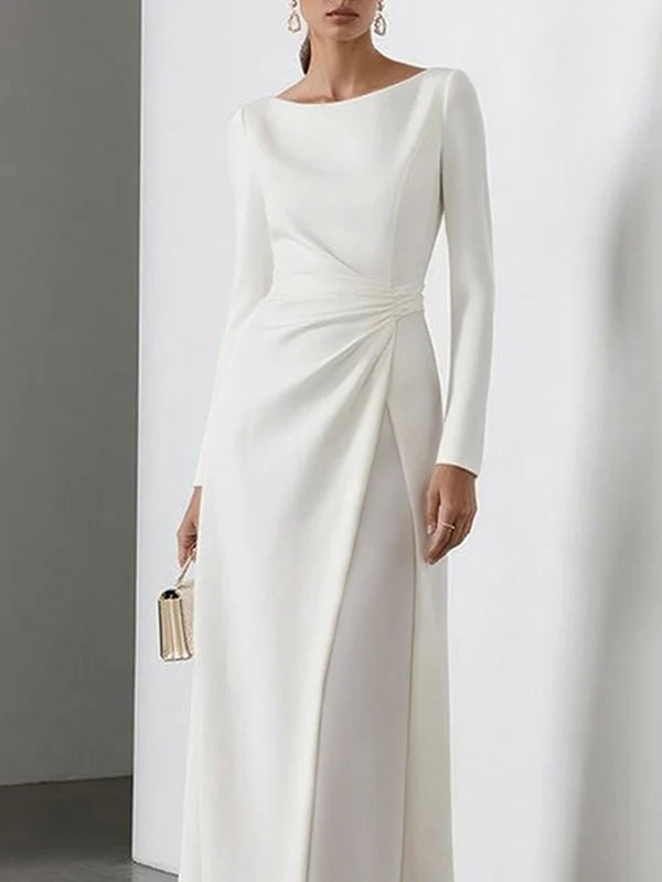 VESTIDO MAXI PLISADO EN GASA CINTURA ALTA MANGA LARGA CUELLO REDONDO COLOR SOLIDO