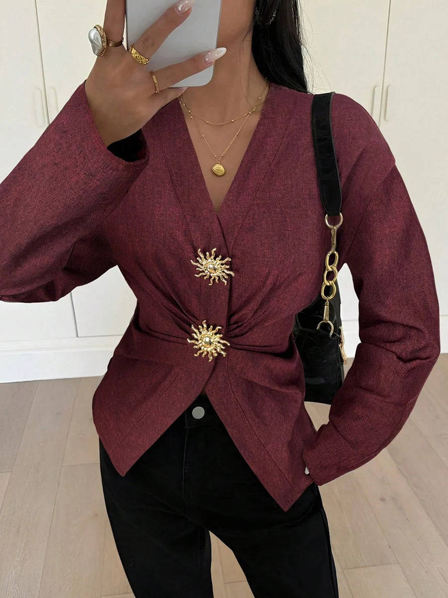 Blusa de Manga Comprida Franzida em Camadas com Gola em V