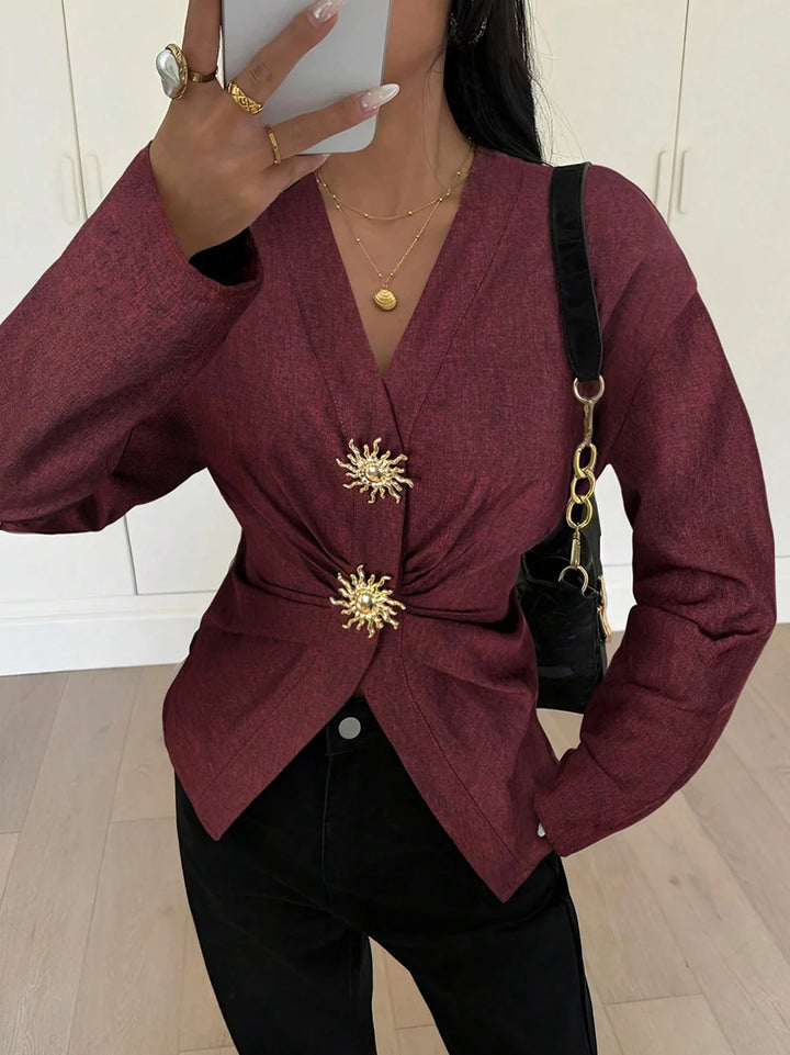 Blusa de Manga Comprida Franzida em Camadas com Gola em V