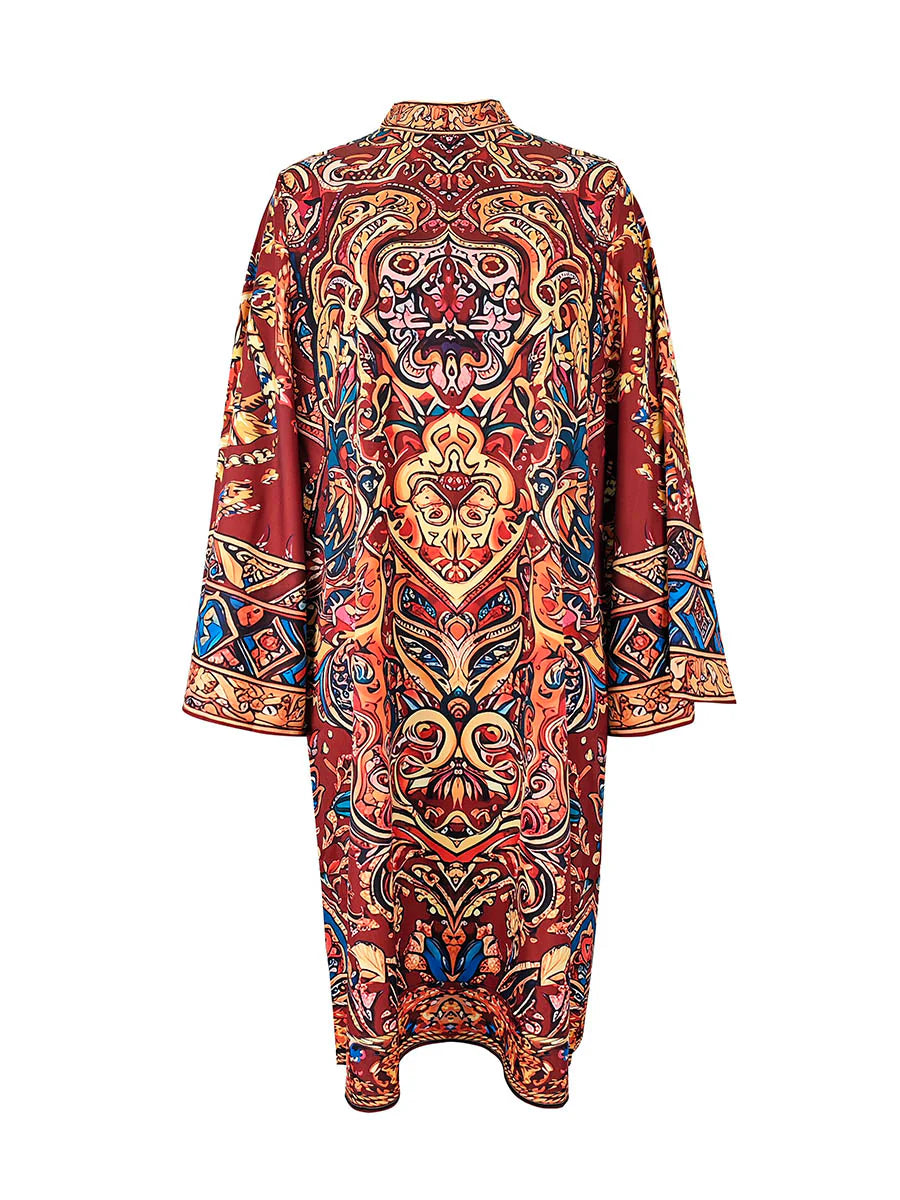 Vestido Midi Holgado De Manga Larga Con Estampado En Contraste Y Cuello Simulado