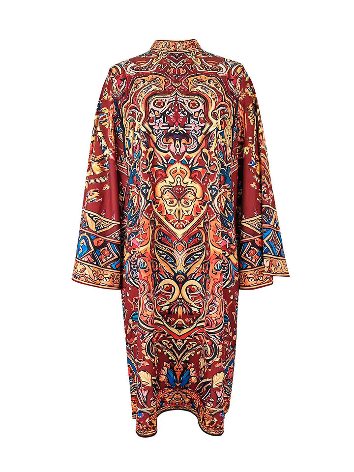 Vestido Midi Holgado De Manga Larga Con Estampado En Contraste Y Cuello Simulado