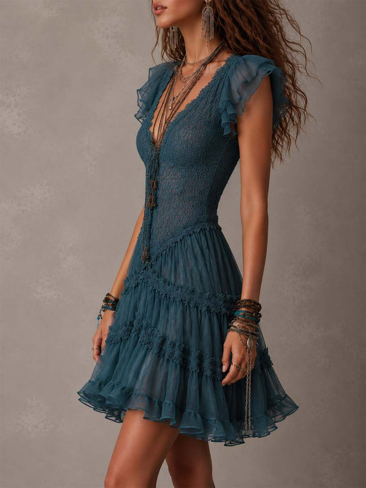 Delphine | Vestido Corto Azul Con Encaje Y Volantes