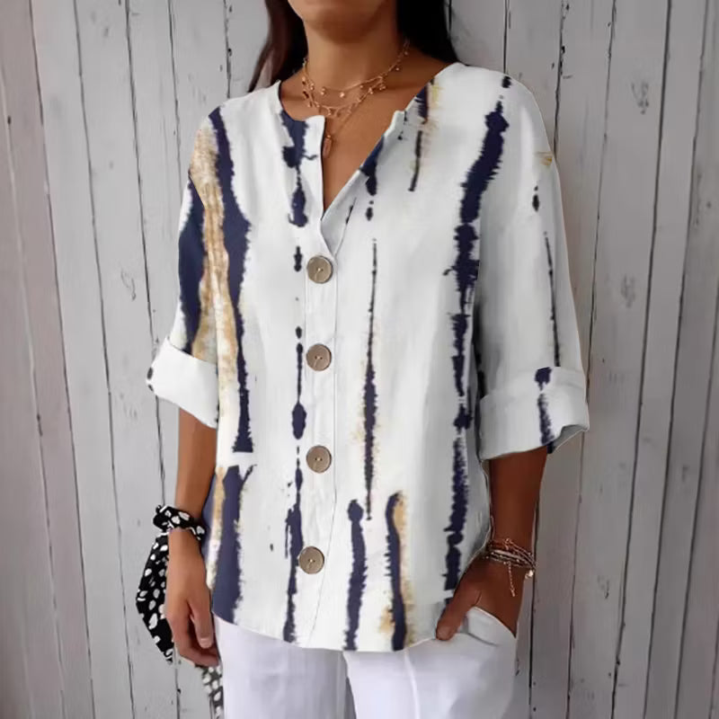 CAMISA FEMENINA DE LINO MIXTO CON ESTAMPADO DE RAYAS Y BOTONES