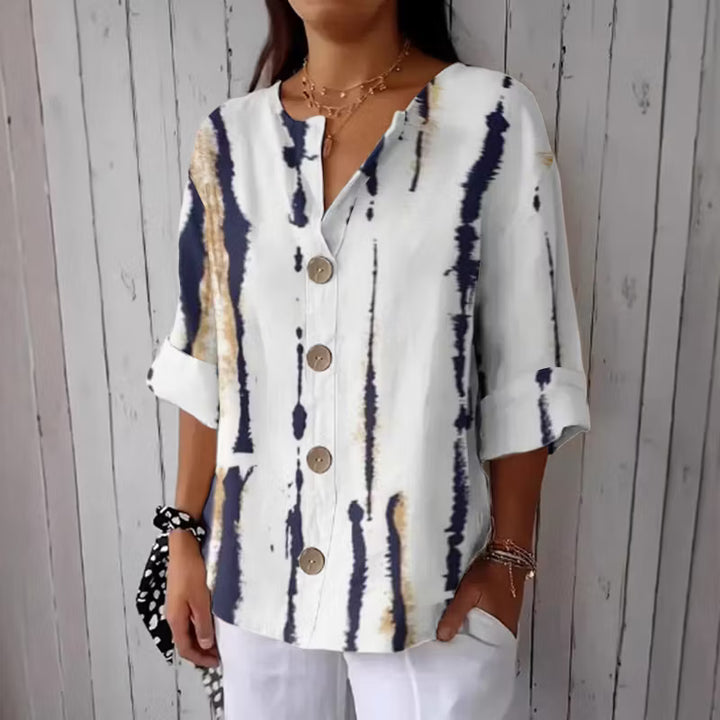 CAMISA FEMENINA DE LINO MIXTO CON ESTAMPADO DE RAYAS Y BOTONES