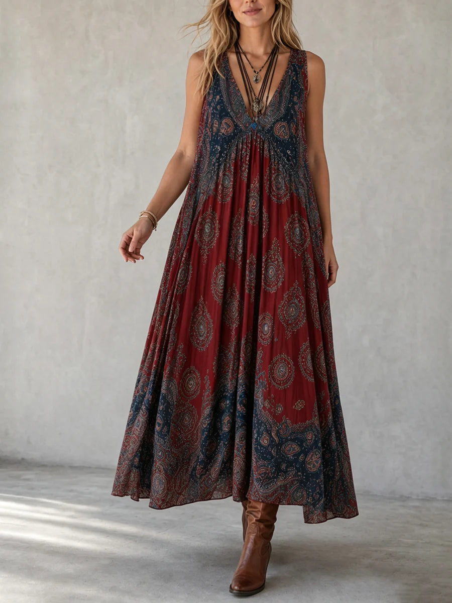 VESTIDO MAXI SOLTO SEM MANGAS COM CONTRASTE DE CORES, PREGUEADO E ESTAMPADO - DECOTE EM V