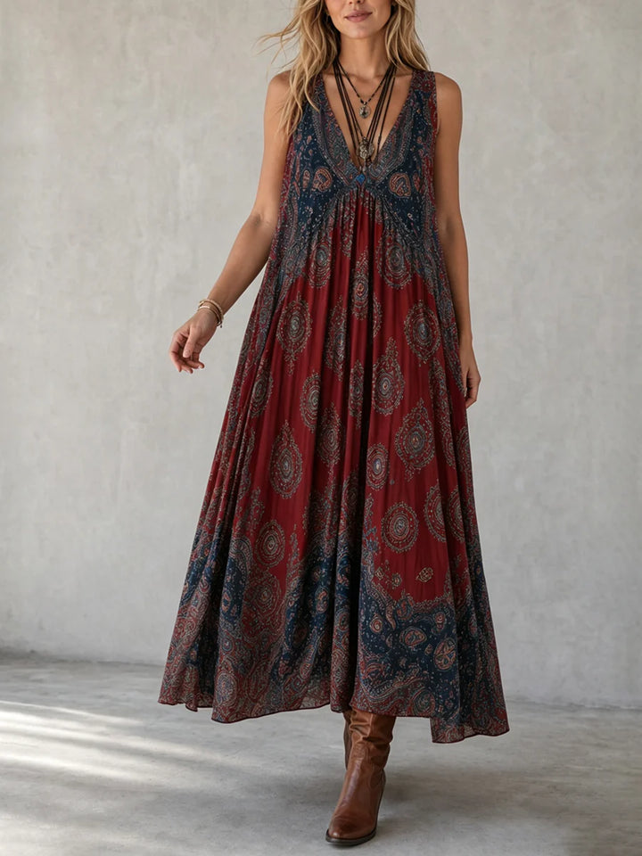 VESTIDO MAXI SOLTO SEM MANGAS COM CONTRASTE DE CORES, PREGUEADO E ESTAMPADO - DECOTE EM V