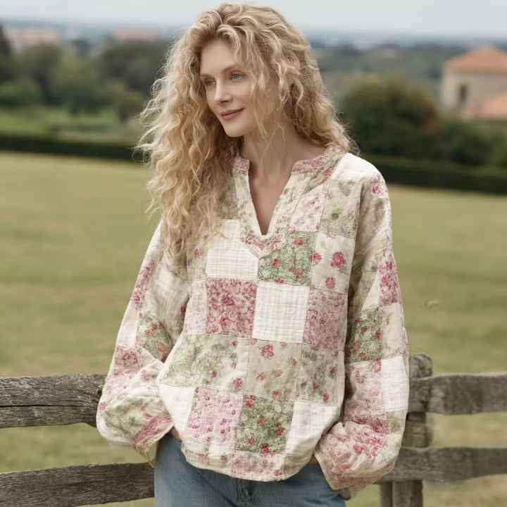 Women's Linen Retro Floral Print V-Neck Shirt
