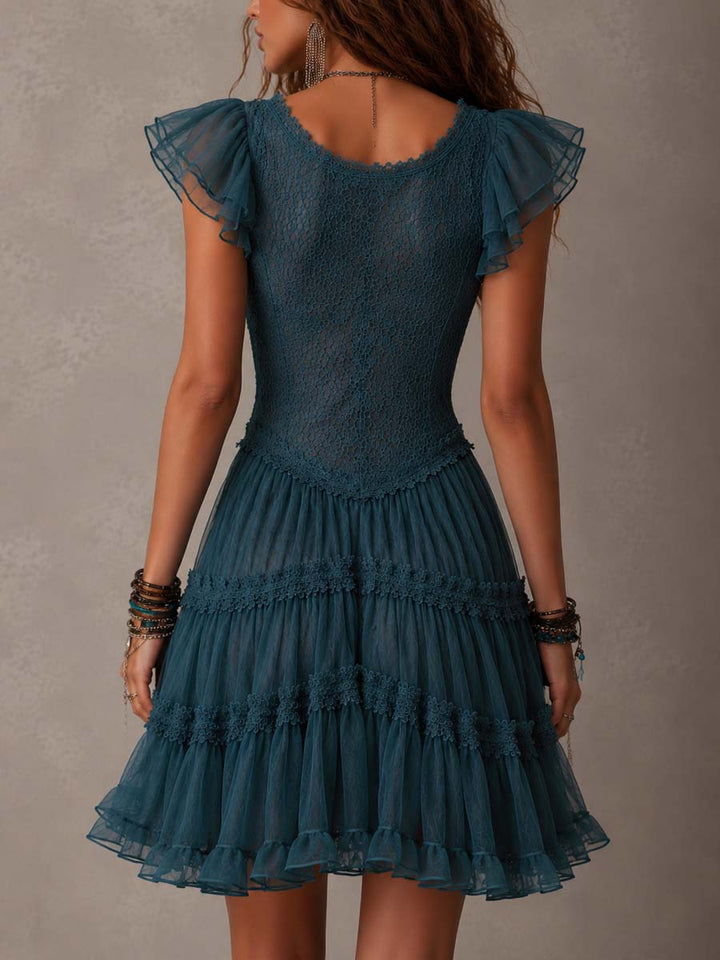 Delphine | Vestido Corto Azul Con Encaje Y Volantes