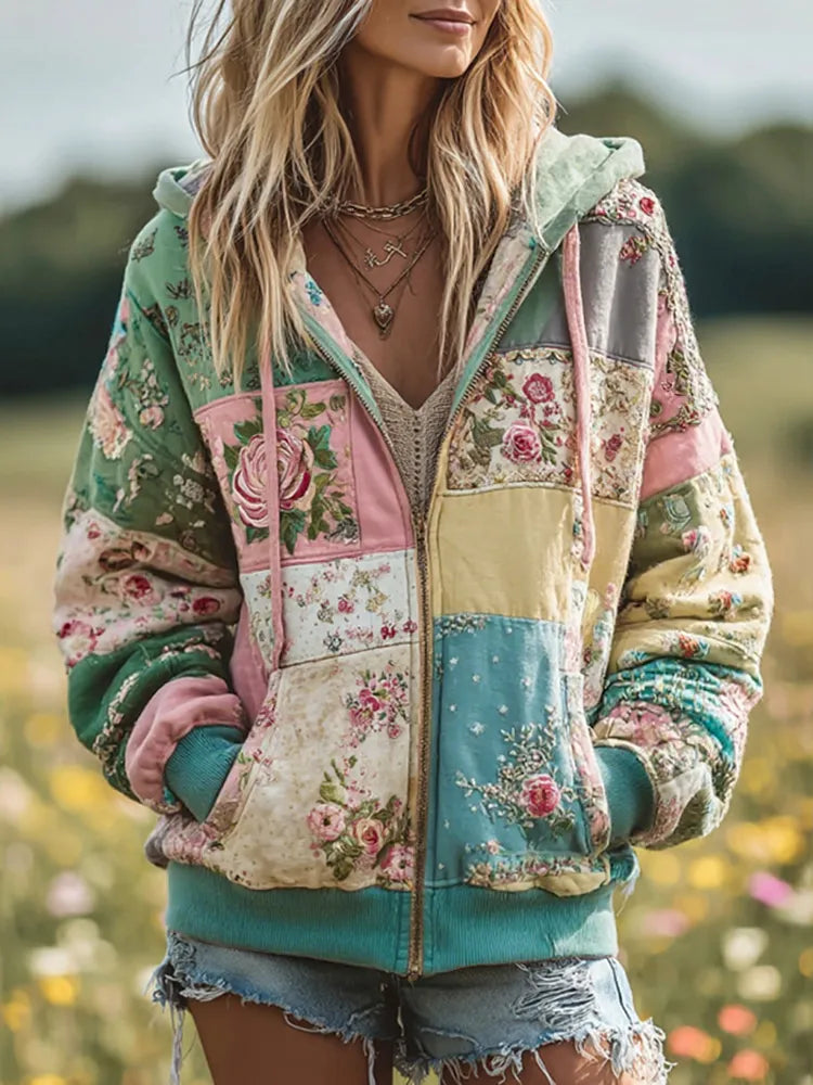 Sudadera Con Capucha Y Cremallera Floral Patchwork Vintage Para Mujer