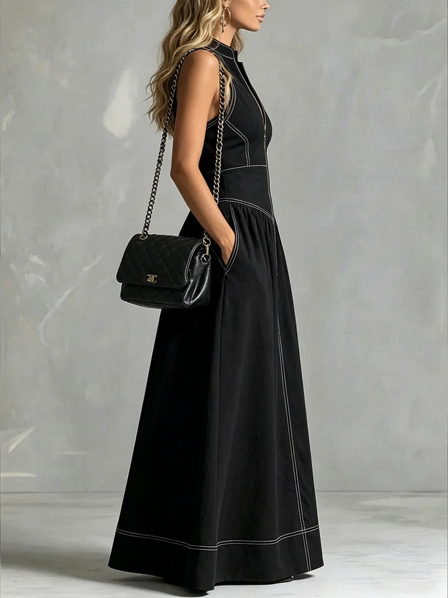 Vestido Maxi Corte En A De Cintura Alta Plisado Con Bolsillos, Color Liso, Cremallera Y Cuello Mao