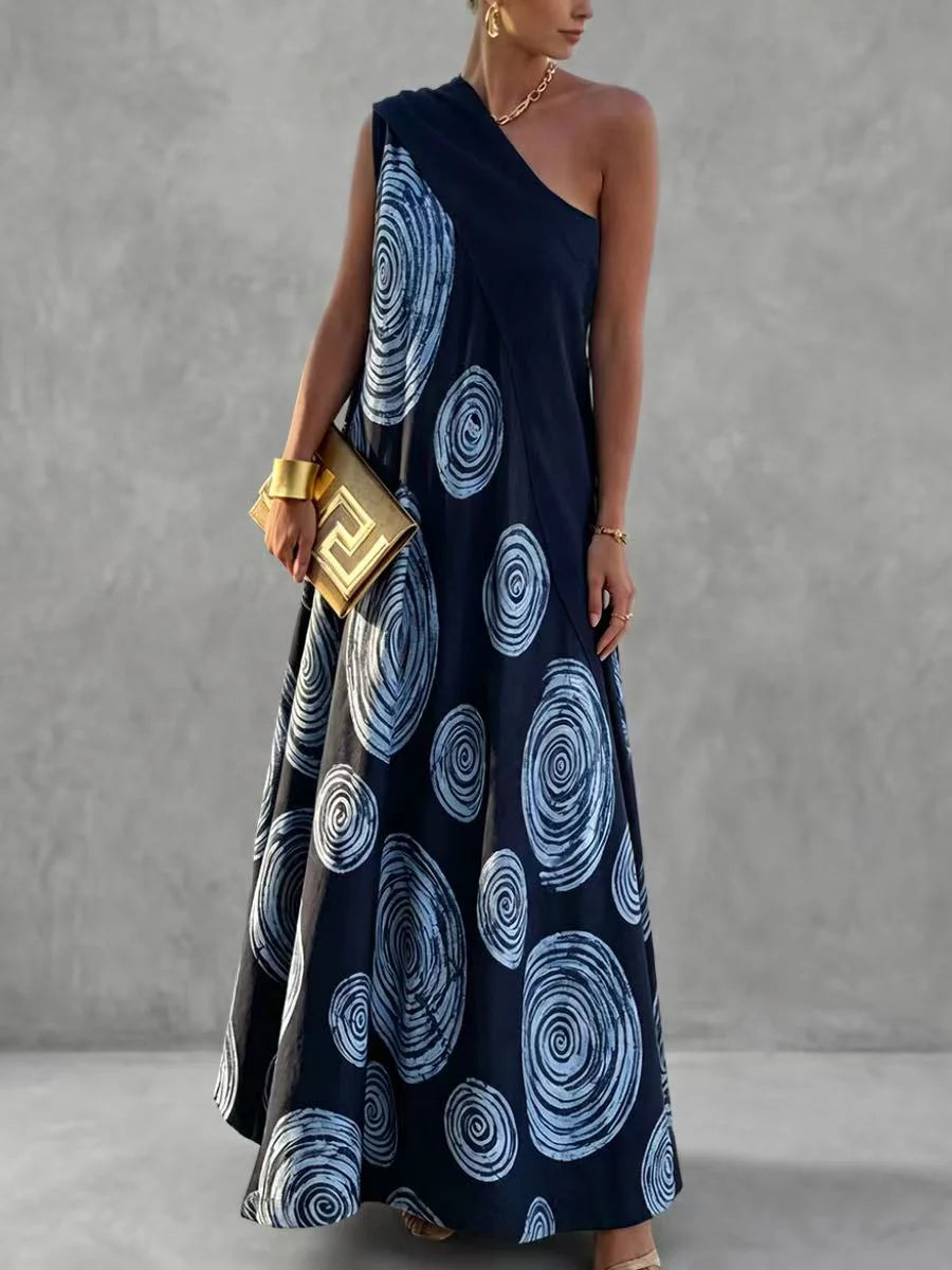 Vestido Maxi Holgado Corte En A Con Un Hombro, Plisado Y Color En Contraste