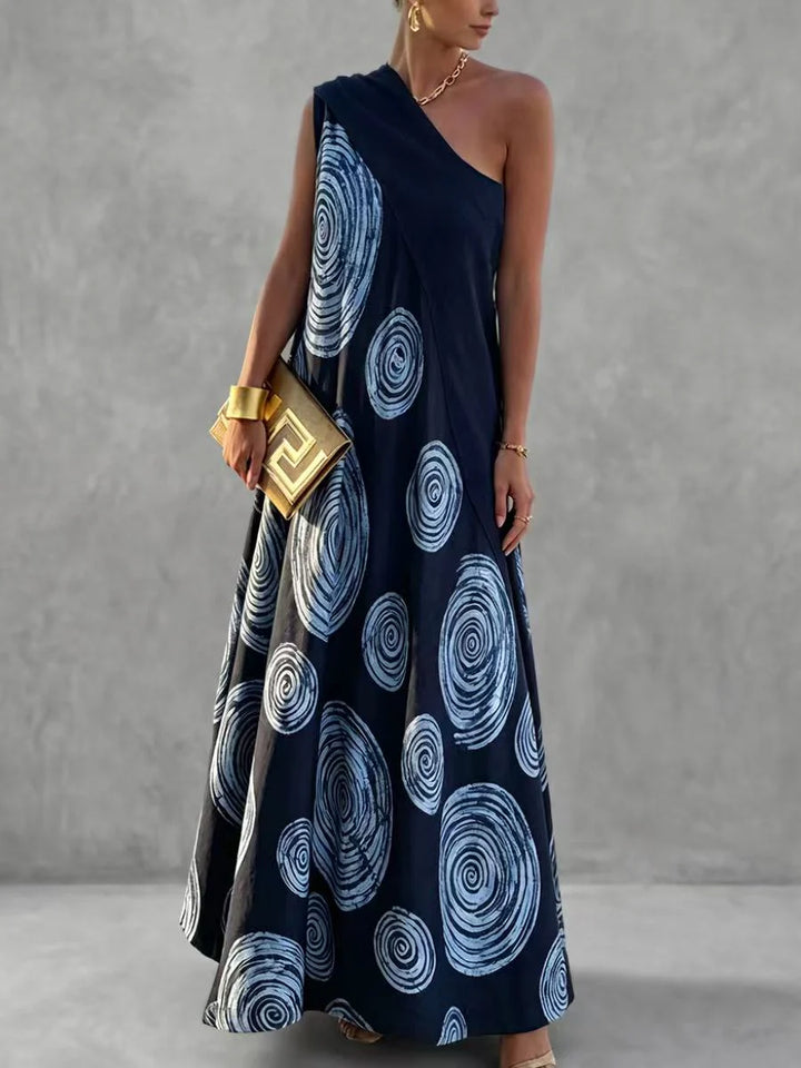 Vestido Maxi Holgado Corte En A Con Un Hombro, Plisado Y Color En Contraste