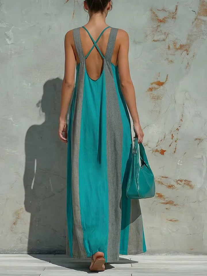 VESTIDO MAXI LARGO SEM MANGAS, COM DECOTE QUADRADO, COSTAS ABERTAS E BOLSOS