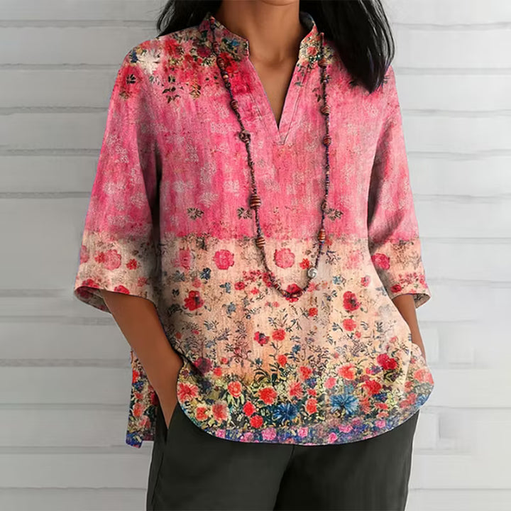 CAMISA FEMENINA CASUAL DE ALGODÓN Y LINO CON ESTAMPA FLORAL PARA LA CONCIENCIACIÓN SOBRE EL CÁNCER DE MAMA