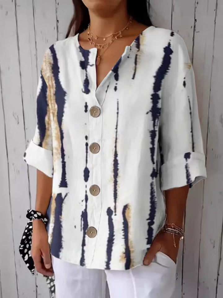 CAMISA FEMENINA DE LINO MIXTO CON ESTAMPADO DE RAYAS Y BOTONES