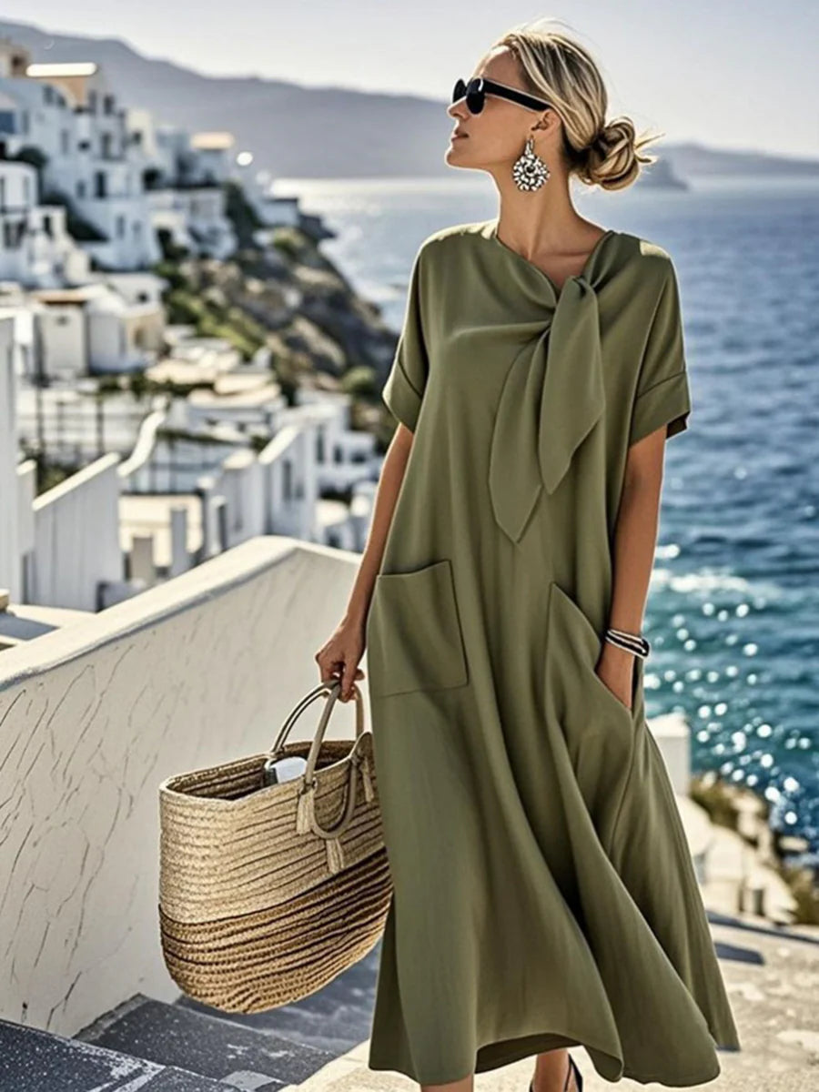 Vestido Maxi Holgado Asimétrico Con Bolsillos, Nudo Y Cuello Lazo