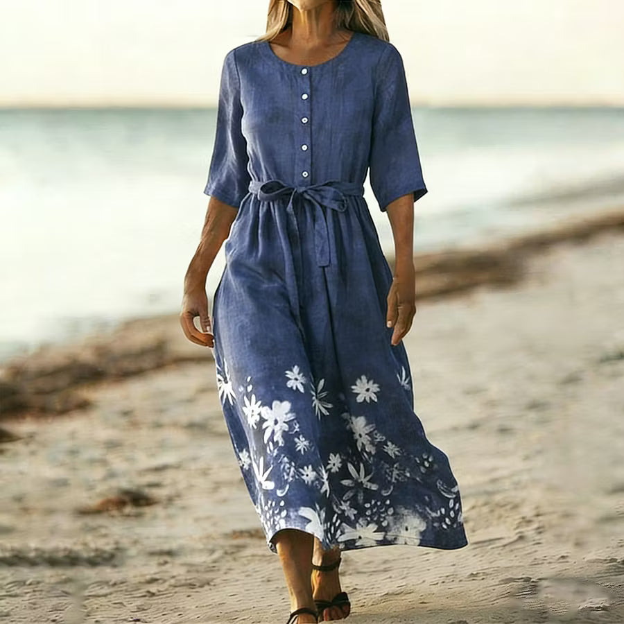 VESTIDO FEMENINO DE MANGA CORTA EN LINO MIXTO CON ESTAMPADO FLORAL