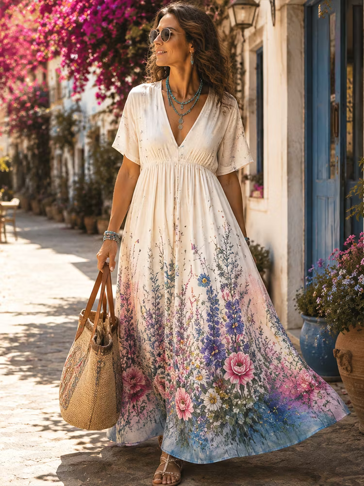 Vestido Maxi Boho Fluido Con Escote En V Profundo - Estampado Floral