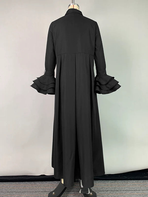 Vestido Maxi Camisero Plisado Manga Larga Con Solapa