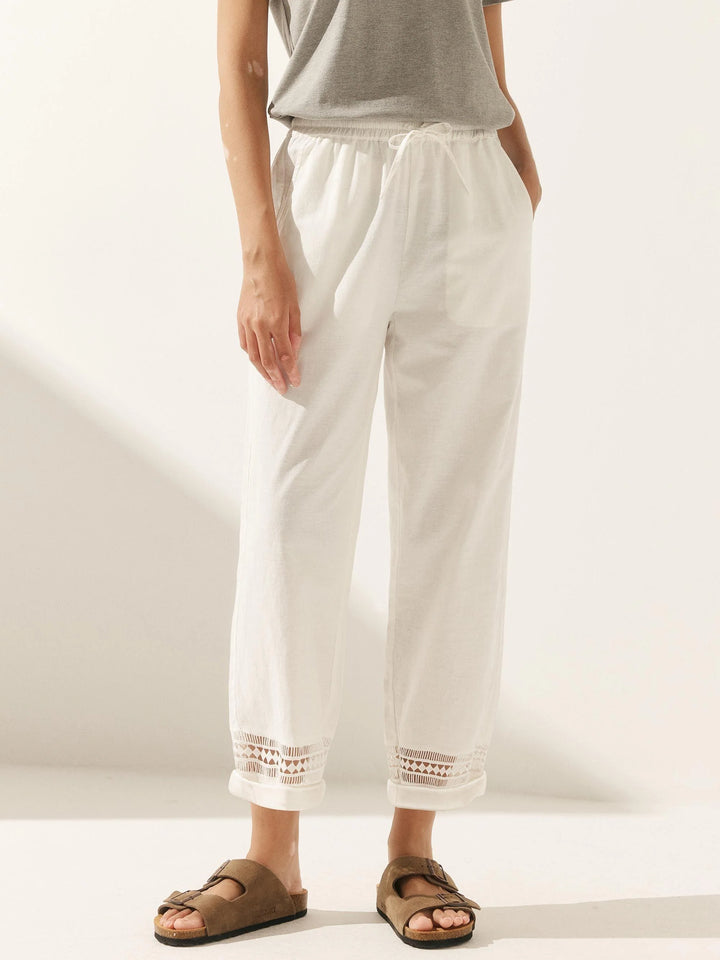 Rita | Pantalón De Lino Con Encaje Y Cintura Elástica Hasta El Tobillo