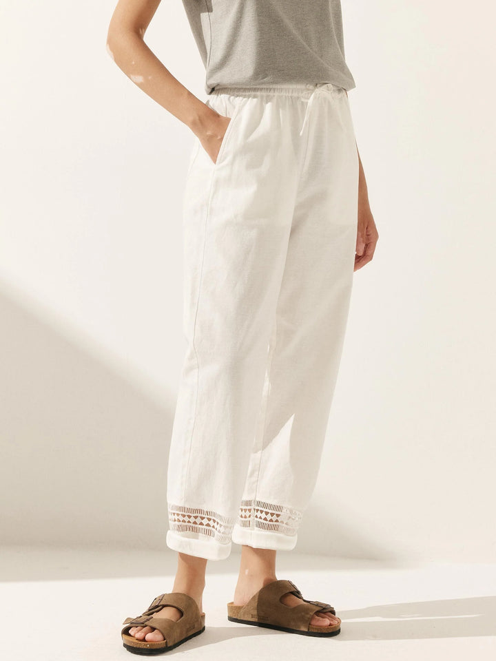 Rita | Pantalón De Lino Con Encaje Y Cintura Elástica Hasta El Tobillo