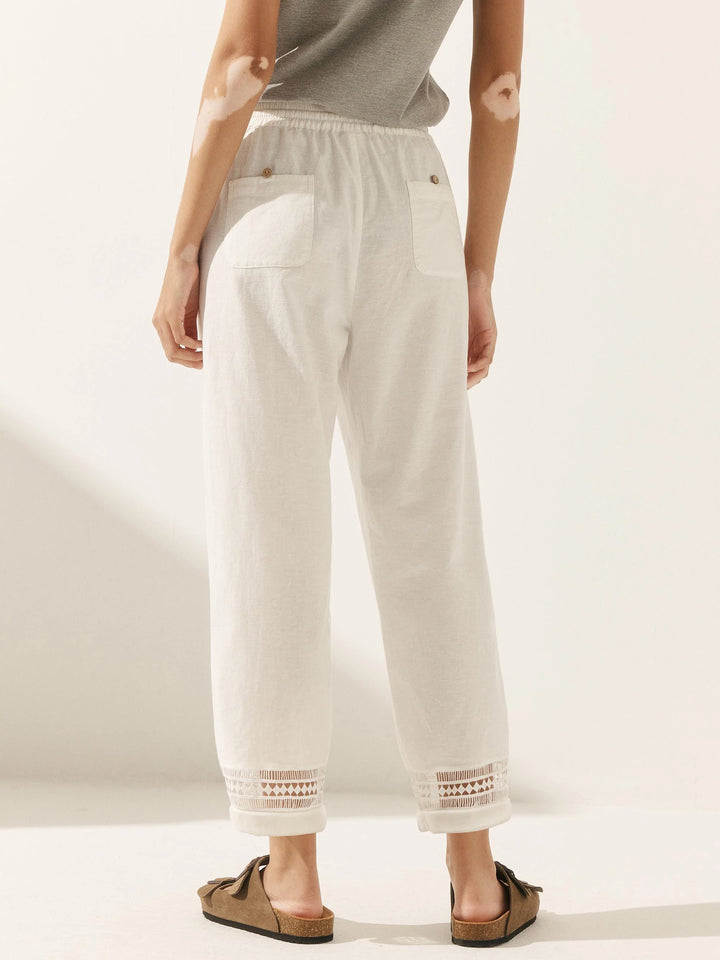 Rita | Pantalón De Lino Con Encaje Y Cintura Elástica Hasta El Tobillo