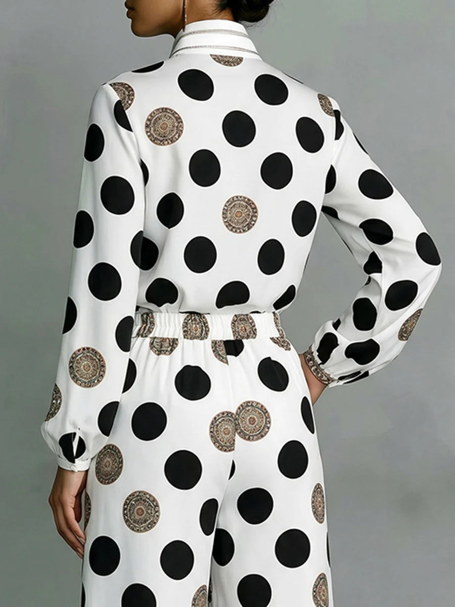 Blusa De Manga Larga Holgada Con Botones, Estampado De Lunares En Contraste Y Cuello Mao