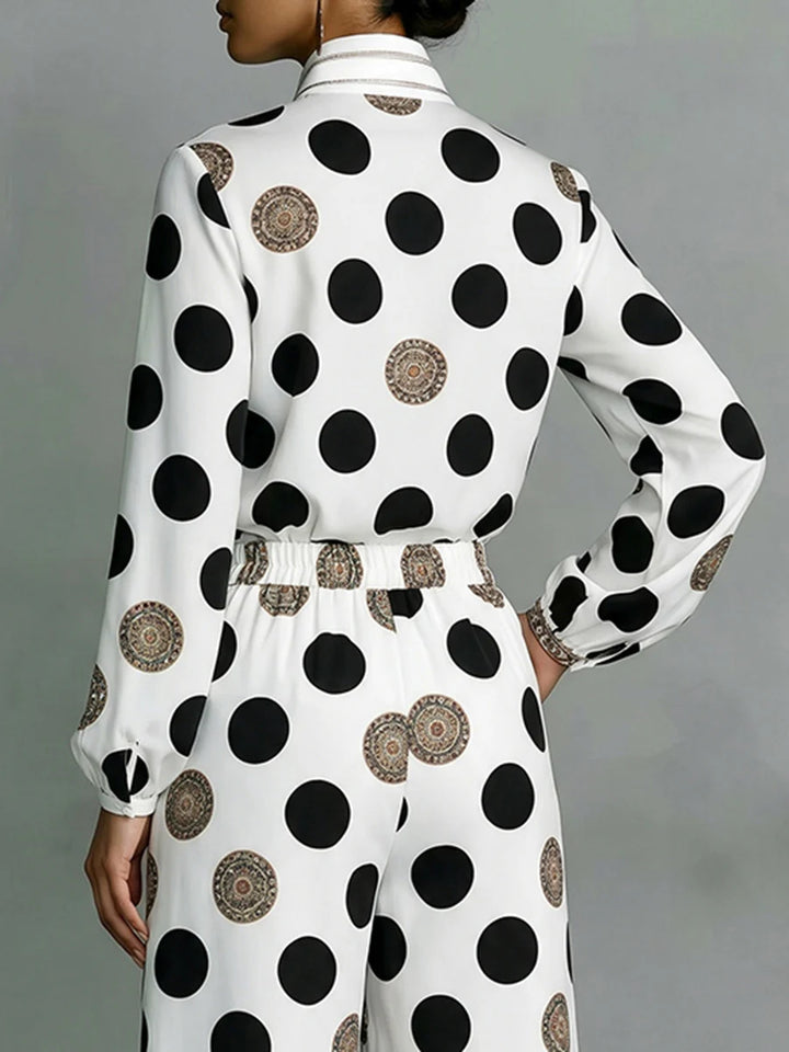 Blusa De Manga Larga Holgada Con Botones, Estampado De Lunares En Contraste Y Cuello Mao