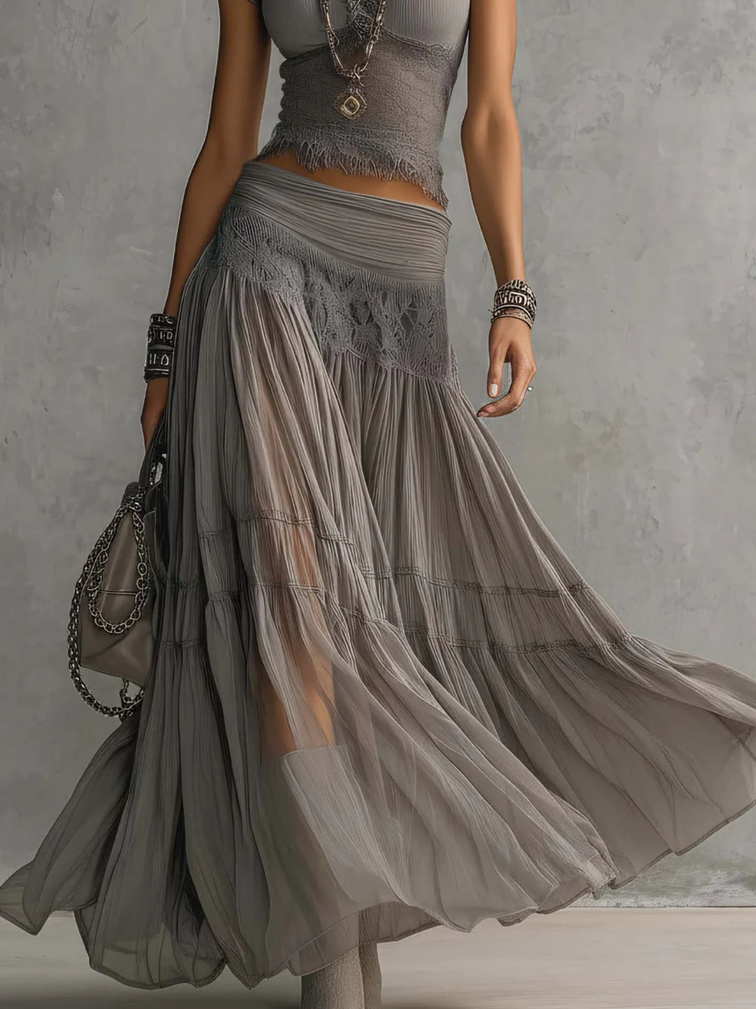 Elena | Conjunto Com Top Com Painéis De Renda E Saia Comprida Plissada