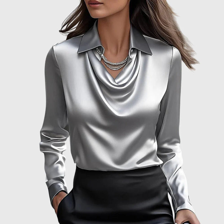Blusa Acetinada Elegante Com Gola Franzida