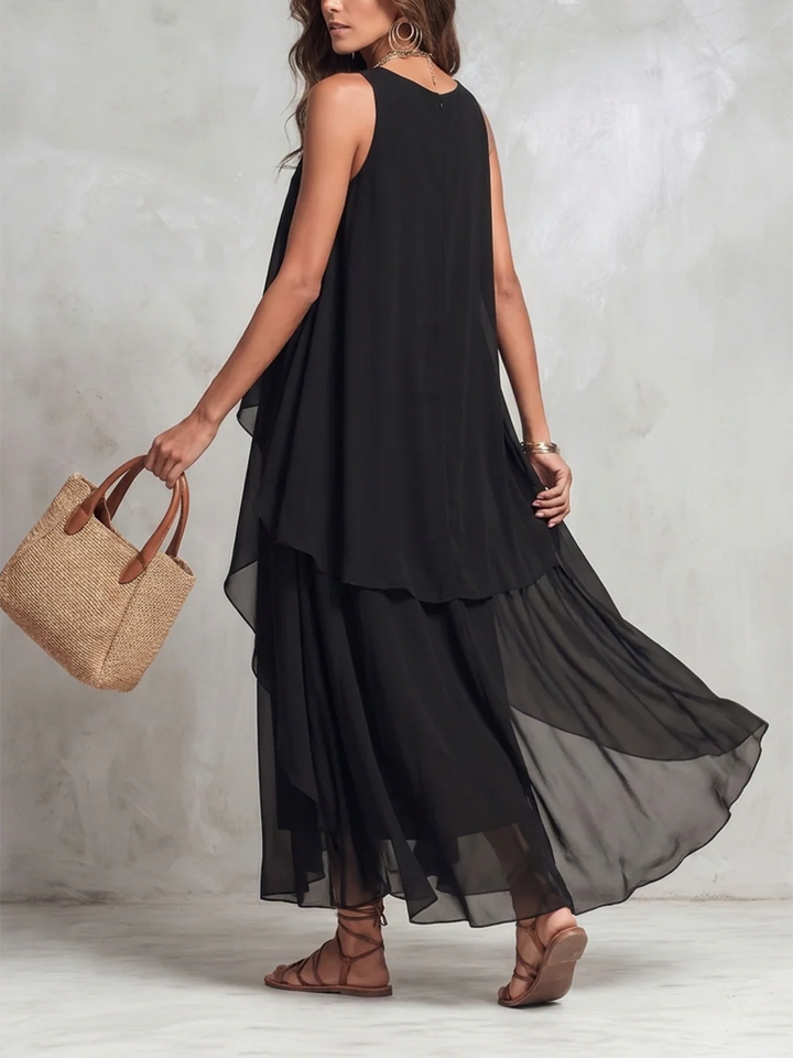 Vestido Maxi Holgado Línea A Con Capas Y Cuello Redondo En Gasa