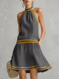 Vestido mini corte a sin mangas halter cremallera bolsillos color contrastante