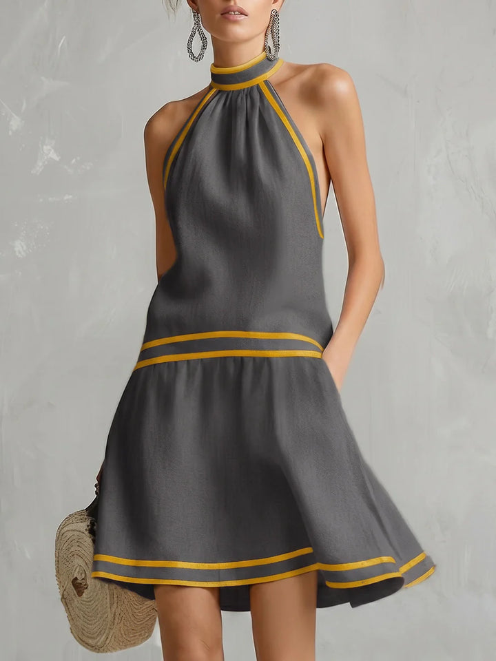 Vestido Mini Corte A Sin Mangas Halter Cremallera Bolsillos Color Contrastante