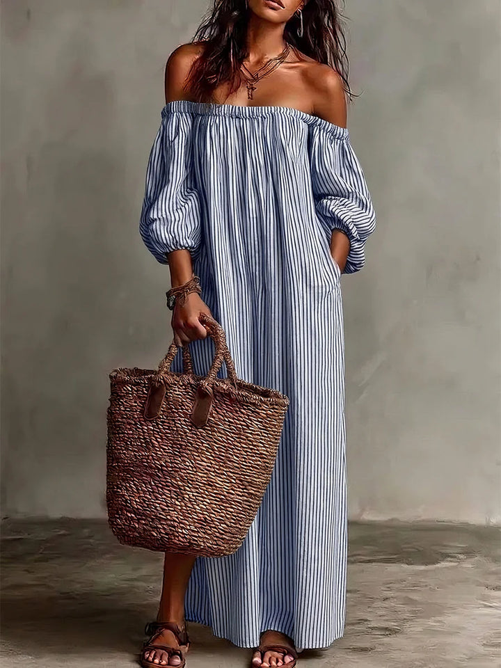 Vestido Midi Plus Size Hombros Descubiertos A Rayas