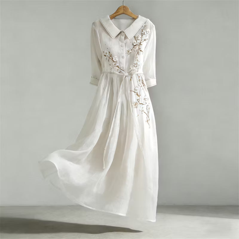 Vestido Comprido Fluido Vintage Elegante Com Padrão de Amêndoas