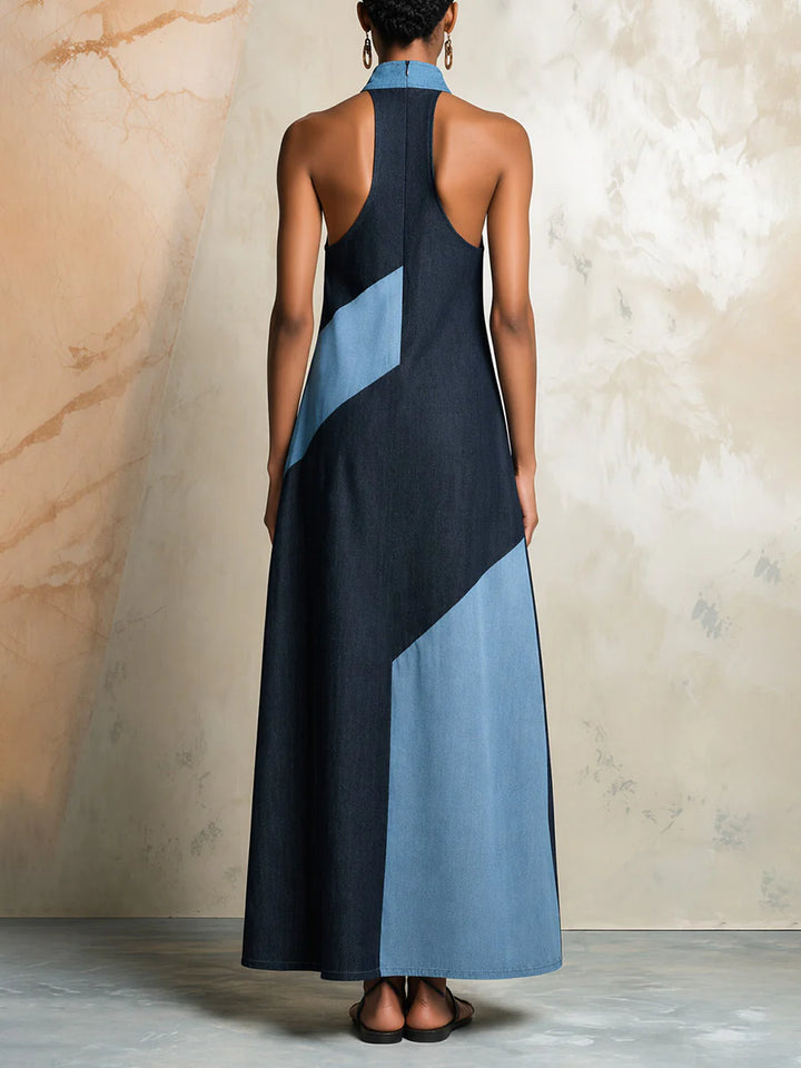 Vestido Maxi Holgado Sin Mangas Con Cuello Halter, Cremallera, Bolsillos Y Color En Contraste