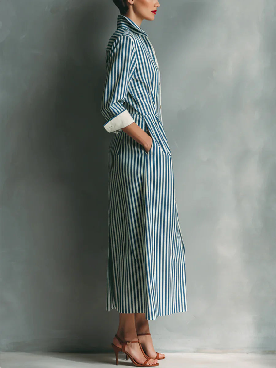 VESTIDO MIDI CAMISEIRO ÀS RISCAS COM BOLSOS, CINTURA ALTA E GOLA DE LAPELA