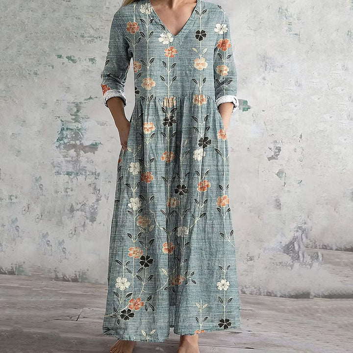 VESTIDO FEMENINO DE LINO CON ESTAMPADO FLORAL VINTAGE
