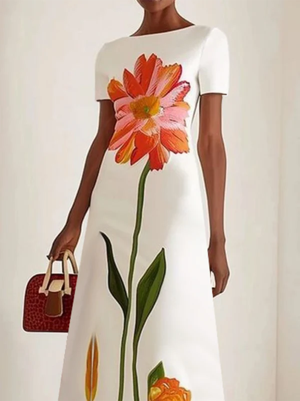 Vestido Maxi De Manga Corta Con Estampado Floral Y Escote Barco