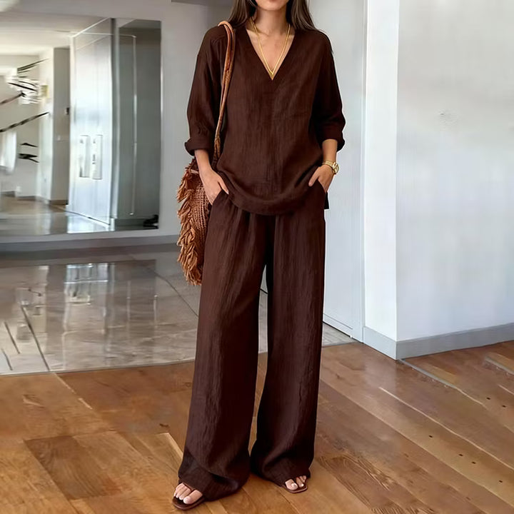 Two-Piece Set: Long Sleeve V-Neck Top and Retro Style Cotton Pants with Pockets