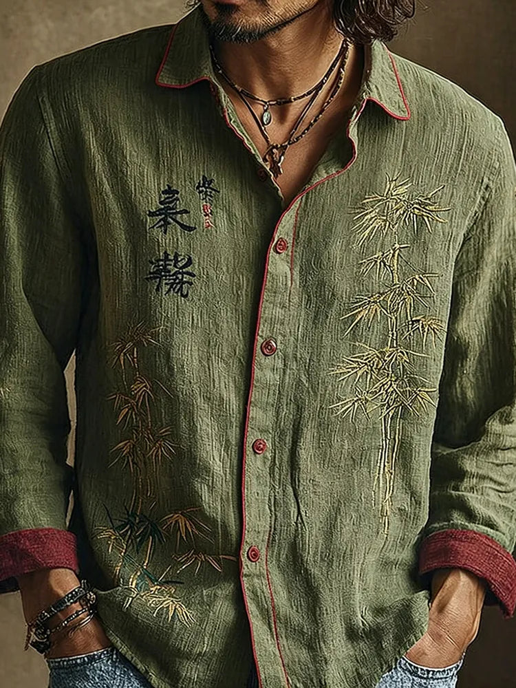 Camisa casual retro japonesa con estampado de bambú y caligrafía para hombre