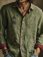 Camisa casual retro japonesa con estampado de bambú y caligrafía para hombre