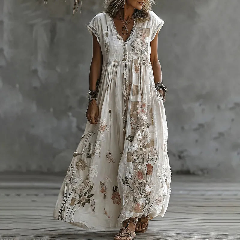 VESTIDO MAXI CUELLO V BORDADO FLORAL PATCHWORK VINTAGE