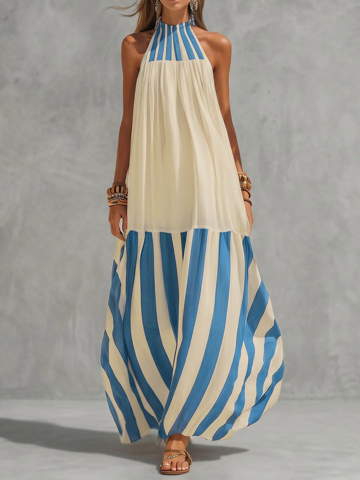 Vestido Maxi Holgado Línea A Con Contraste De Color, Plisado Y Rayas - Cuello Halter
