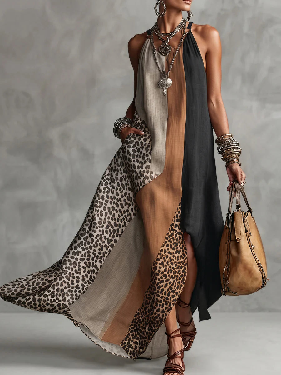Vestido maxi halter leopardo asimétrico sin mangas